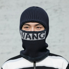 WANG字母骑车一体帽冬季加绒防寒护耳护脸围脖毛线帽连体针织帽子