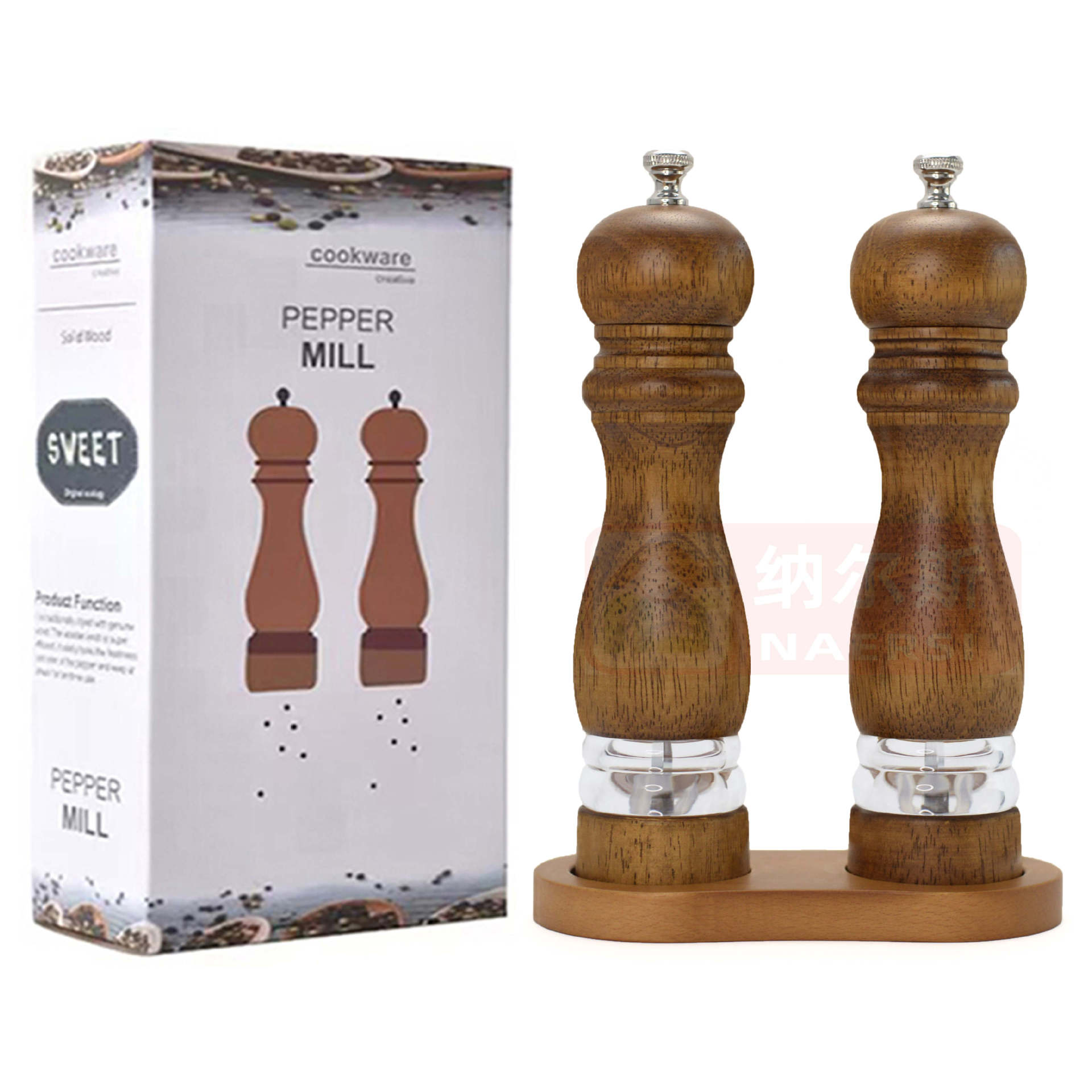  Molinillo manual de pimienta o sal, cuerpo acrílico y núcleo cerámico, diseño clásico de madera, utensilio de cocina