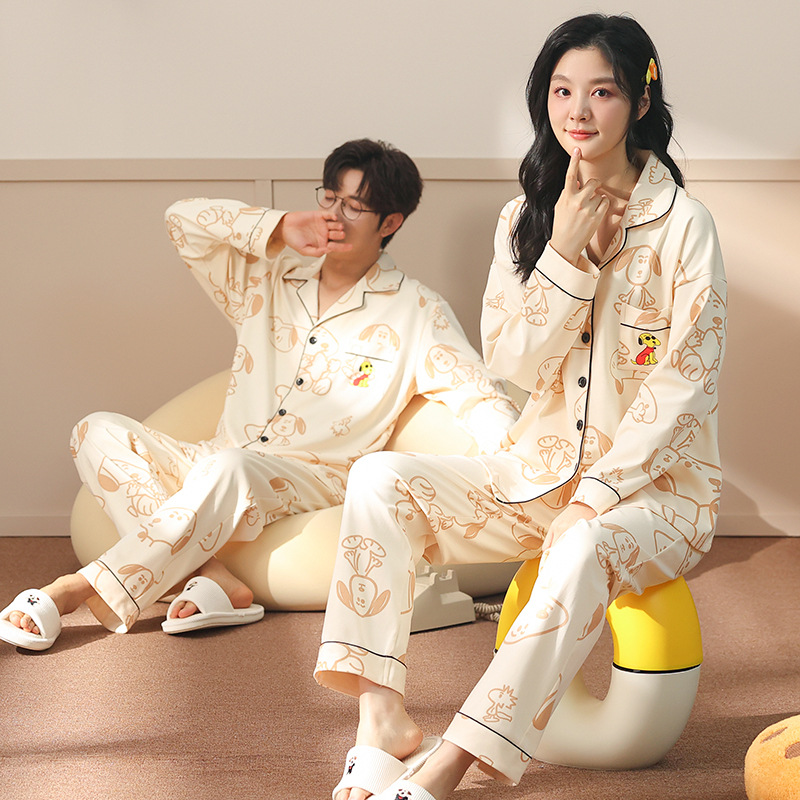 Double-Sided Pure Cotton 220g Couple Pajamas Autum Cartoon Cute Women's Men's Cardigan Large Size Home Wear Set
