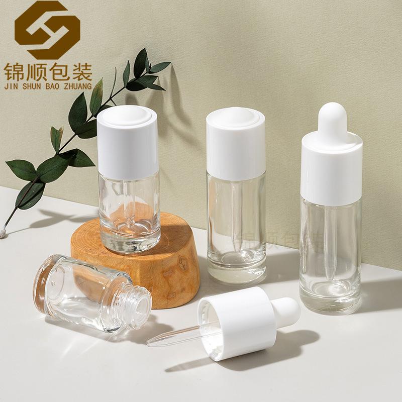 现货20ml透明平肩直圆瓶 按压滴管精华液瓶 30ml圆形精油玻璃瓶