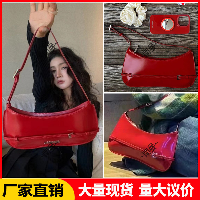 French Niche Design Jacquemus High-Quality One-Shoulder Satchel Cowhide Bag Red Wedding Bag Armpit Bag for Women