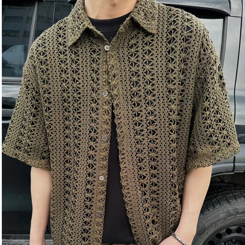 American Style Retro Hollow-out Knitwear Short-sleeved Men's Summer Thin Mesh Half-sleeved Shirt Japanese Style Antique Outer Cardigan