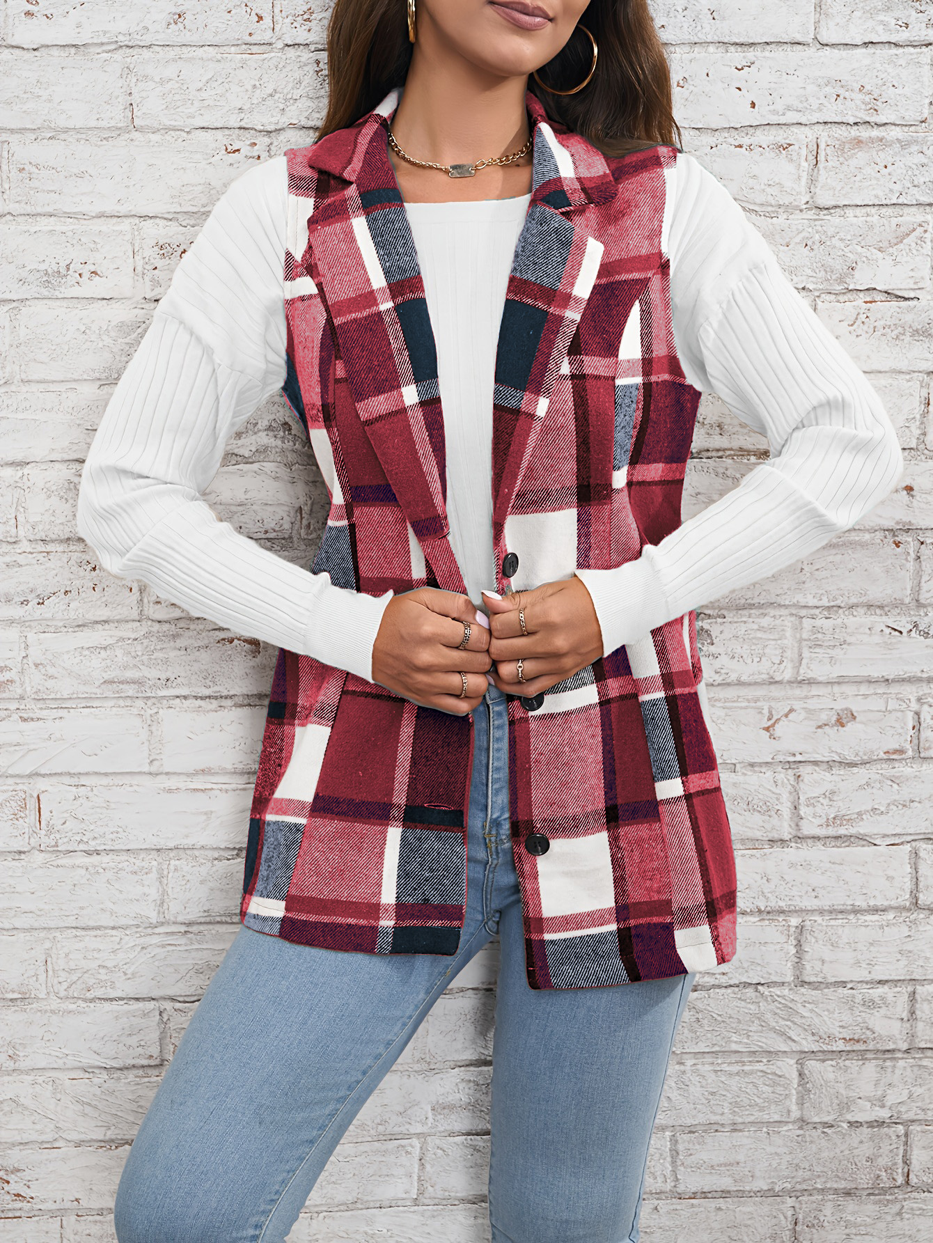 Fashion women‘s lapel suit vest plaid jacket