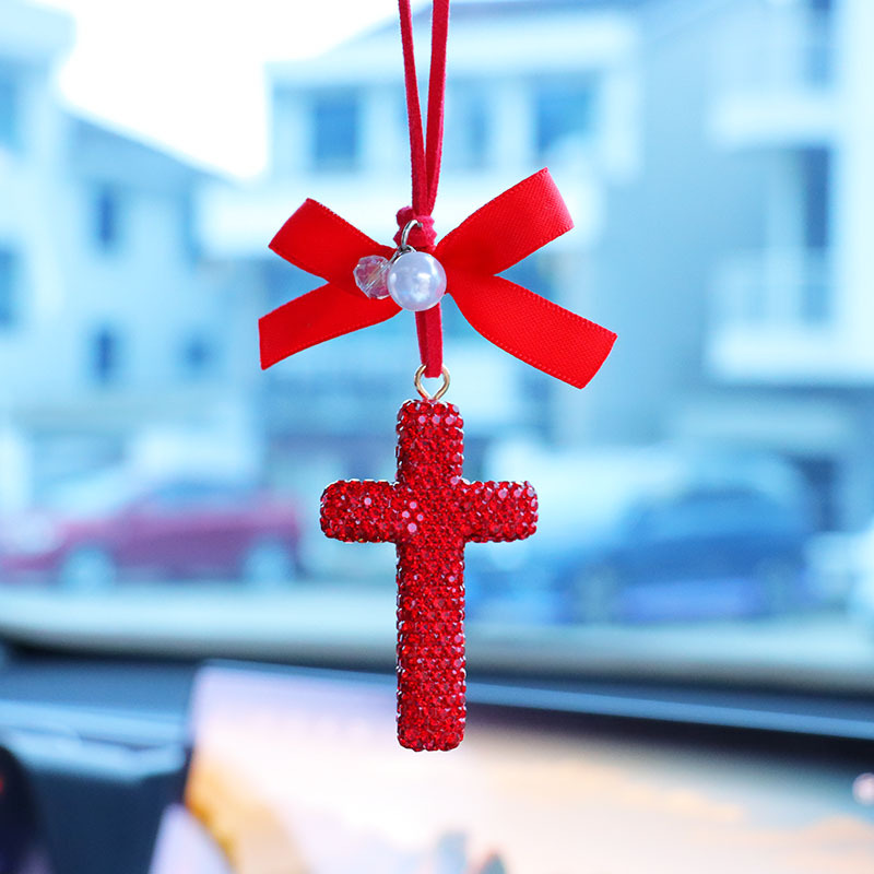 Cross-border personalized car interior pendant for men and women, rearview mirror decoration, diamond-encrusted cross, high-end car fashion accessory gift