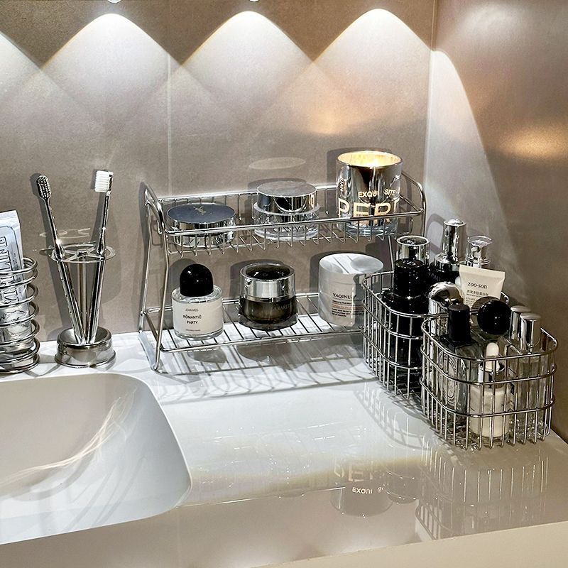 lavabo de acero inoxidable estante de almacenamiento de doble capa de baño de almacenamiento de cosméticos para productos de cuidado de la piel estante de almacenamiento