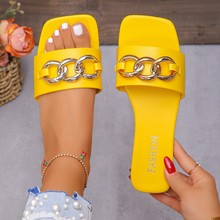 拖鞋女新款外贸金属链条女拖鞋夏季批发大码一字纯色平底凉拖鞋女