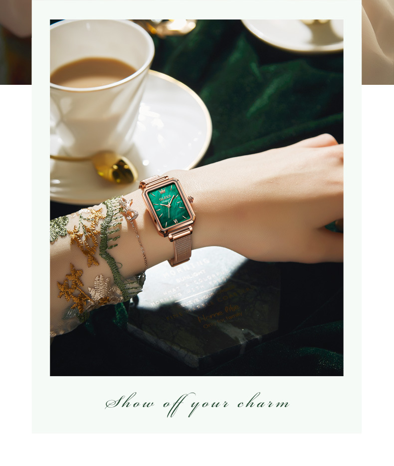 Quadratische kleine grüne Uhr, Quarzuhr, Damenuhr, Damen-Set, Box_voghion.com