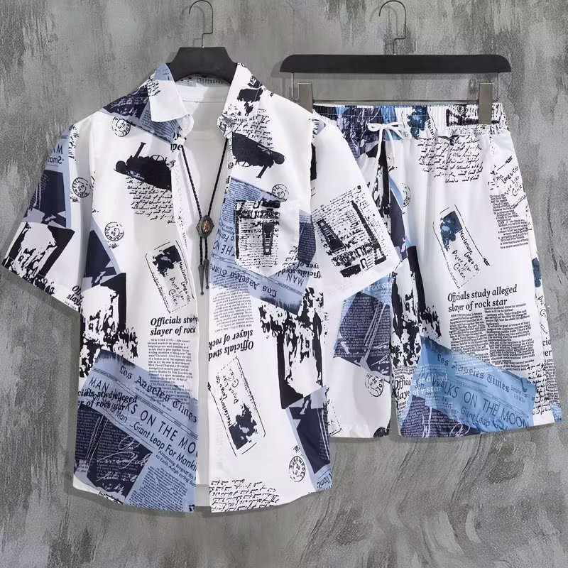 여름 캐주얼 세트 남성용 홍콩 스타일 느슨한 패셔너블 반소매 셔츠