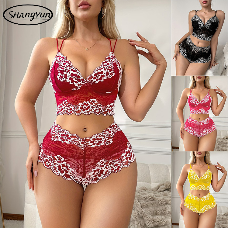 Cross-Border European and American Popular Erotic Lingerie, Lace Patchwork Pure Desire Two-Piece Set, Sexy Lingerie Factory Wholesale
