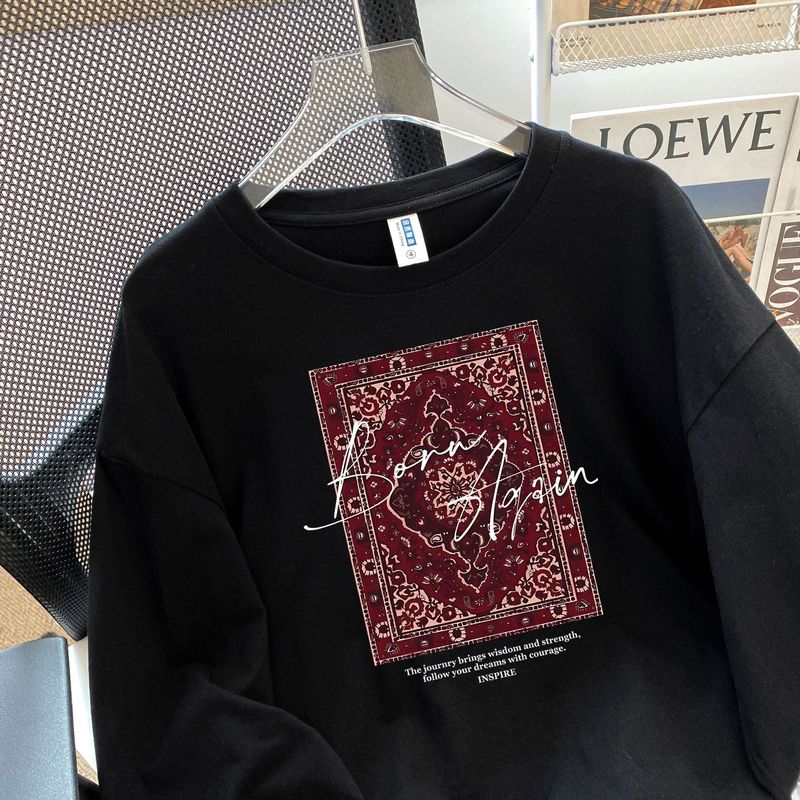 綿100%の長袖Tシャツ、レイジースタイル、多用途、ヨーロッパとアメリカンスタイル、初秋のファッションプリント、シックなレトロトップス、トレンディ|undefined