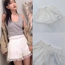 韩国小众 24新款 松紧腰抽绳蕾丝刺绣镂空假两件套白色休闲短裤女