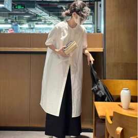~日系白色中长款外搭开衫衬衣女短袖棉衬衫裙叠穿上衣