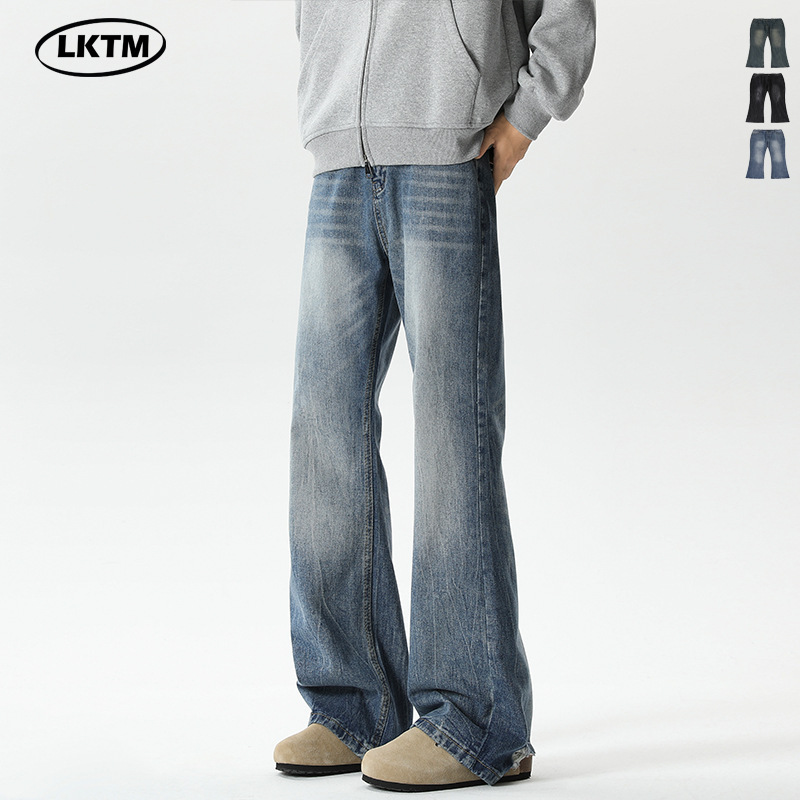 Lktm Men's Wear # American Retro Washed Whiskered Bootcut Jeans for Men Cleanfit Trendy Brand Versatile Floor Mopping Pants