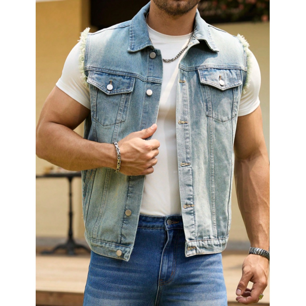 Men's Denim Jacket Style Fashion Street Short Sleeve Vest Frayed Edges_viptrois.com