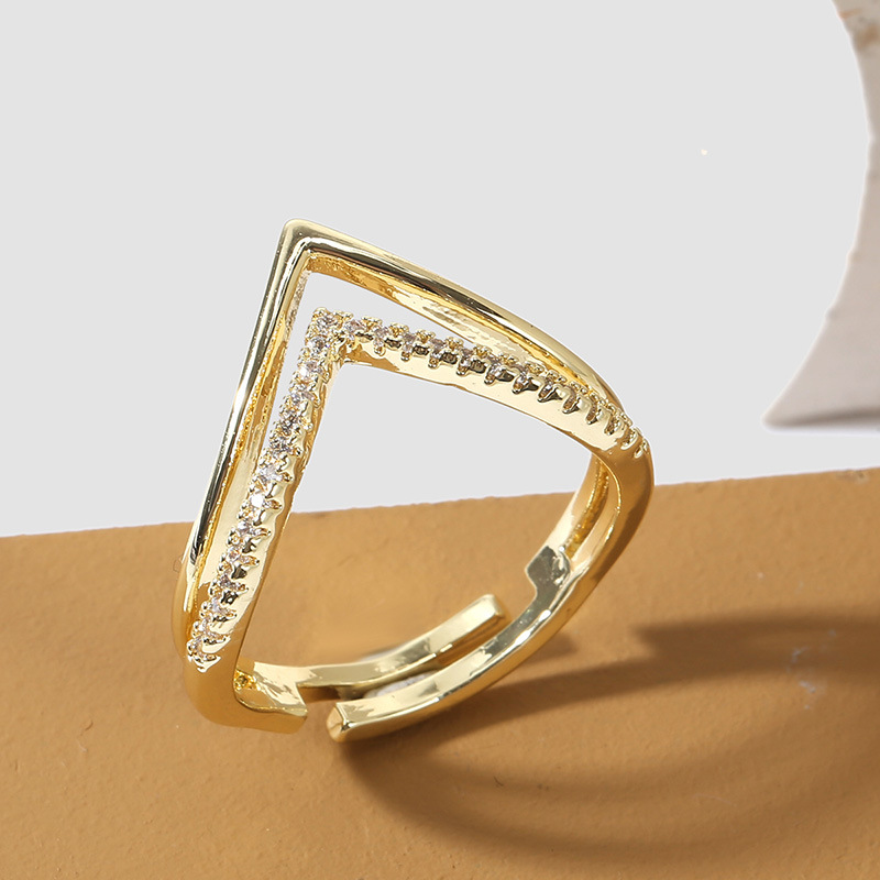Korean Style Simple Personality Exquisite Copper Inlaid Zirconium Open Ring Ins Creative Real Gold P