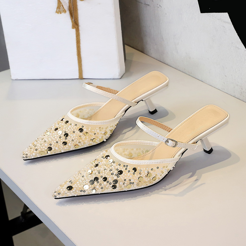 Fashionable Mesh Sequin Pointed Toe Women's Slippers Thin Heel_voghion.com