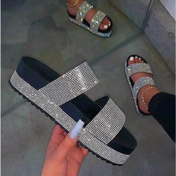 Foreign trade plus size sandals and slippers women's cross-border summer new European and American plush rhinestone thick-soled sandals flat women's shoes