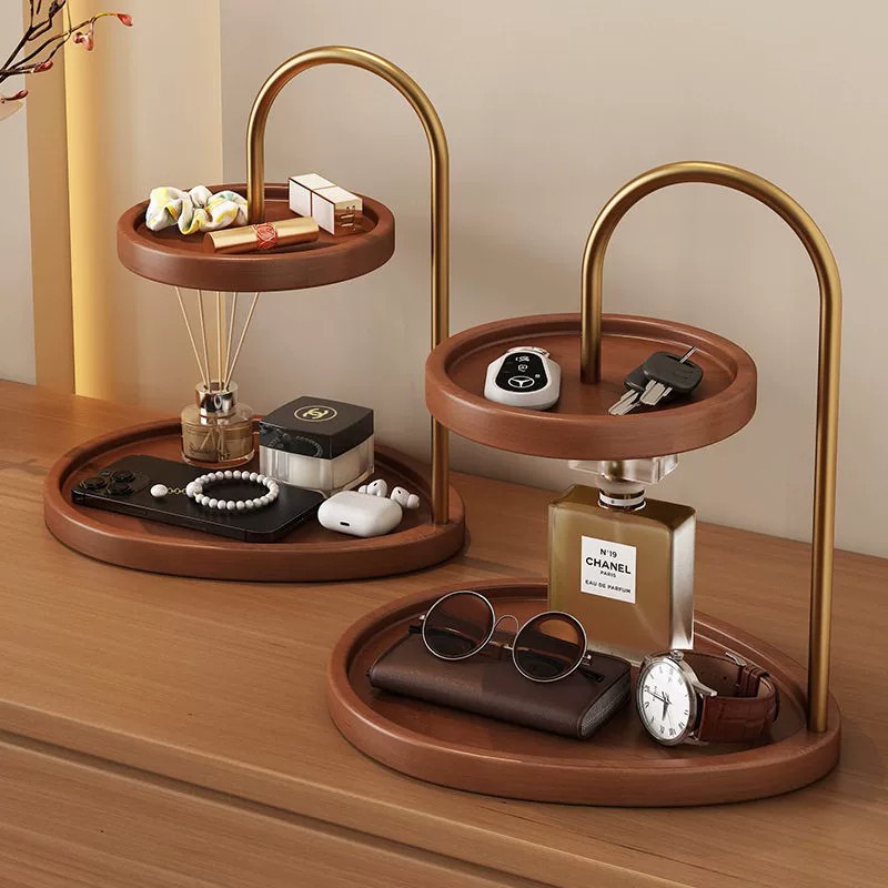 Double-Layer Display Rack for Entryway, Vintage Bedroom Jewelry, Aromatherapy, Key Tray, Desktop Antique-Style Storage Rack