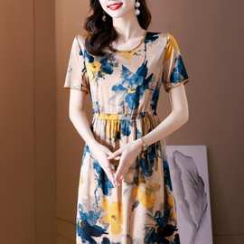 冰丝短袖连衣裙女洋气减龄中年妈妈收腰显瘦裙子有口袋外贸批发