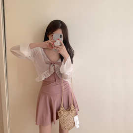 一件代发保守裙式连体泳衣女褶皱遮肚显瘦小胸聚拢泡温泉度假泳装
