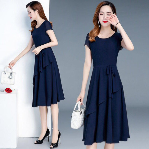 2023 new summer Korean style slim-fit slimming solid color skirt Women's Mid-length dress women's stitching lace-up A- line skirt