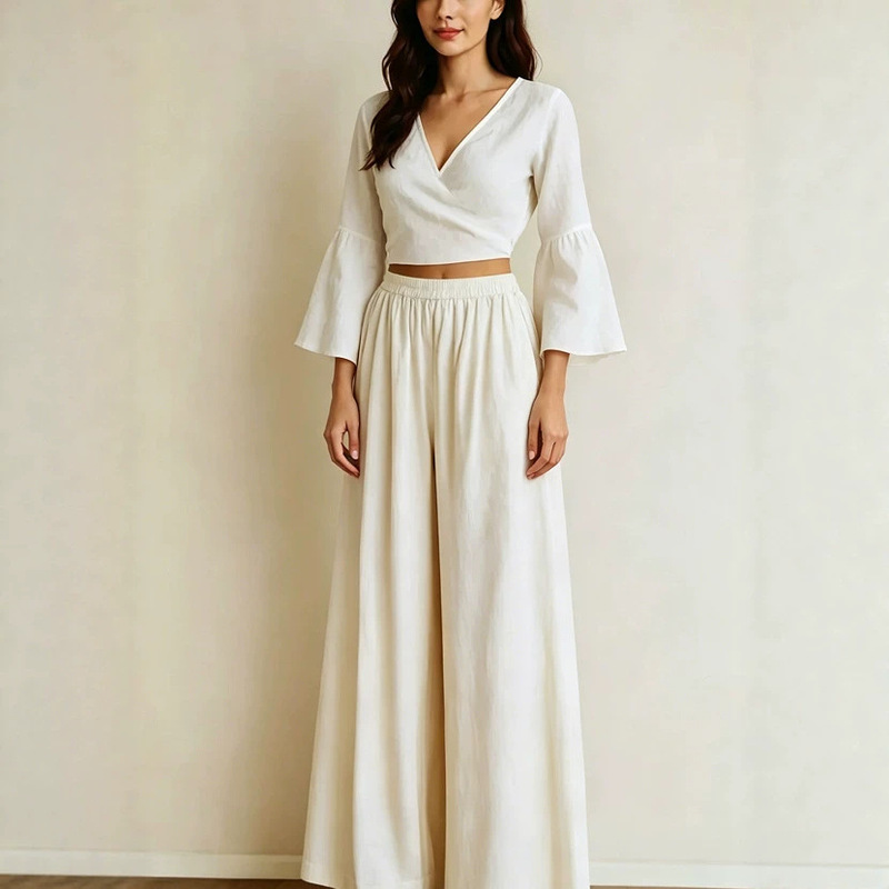 European and American Cross-Border Linen High-Waisted Wide-Leg Pants V-Neck Flared Sleeve Short Top Vacation Casual Women's Two-Piece Set