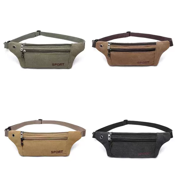 Canvas Waist Bag Men's Crossbody Bag Thin Sheet Body-Fit Waist Bag Leisure Sports Outdoor Running Fitness Bag Mobile Phone Bag