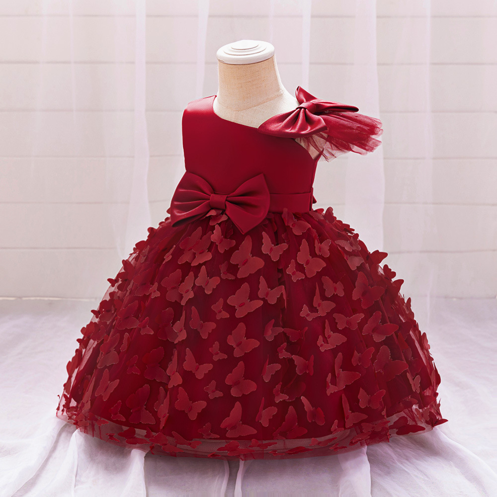 El nuevo vestido de novia de niña de las flores de Amazon, vestido con lazo, vestido de princesa de malla esponjosa, vestido de bautizo de un año para niña