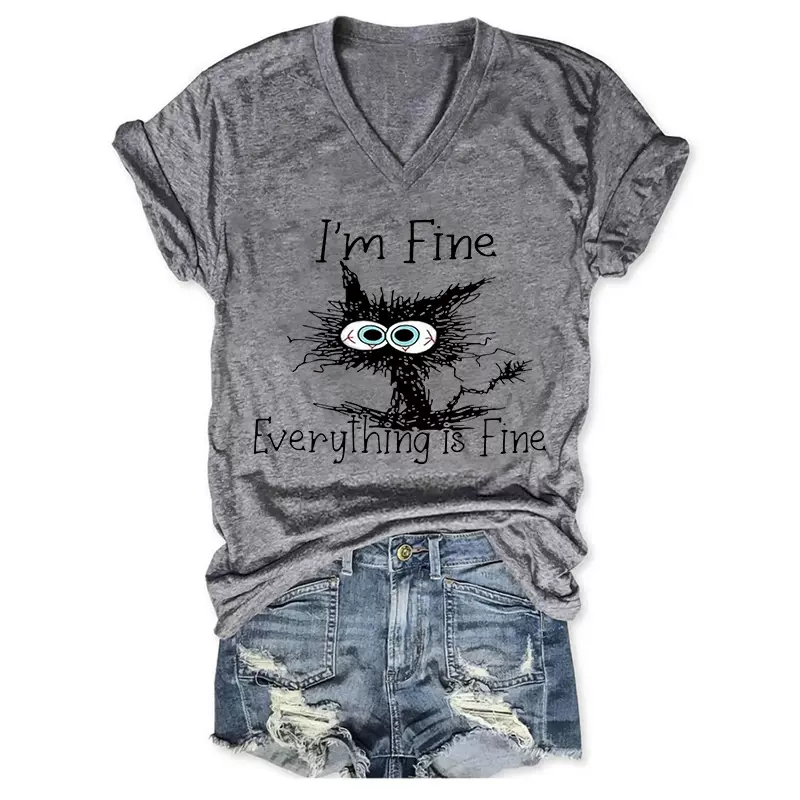 2025欧美跨境创意印花V领短袖套头T桖夏季爆款外贸休闲女士上衣