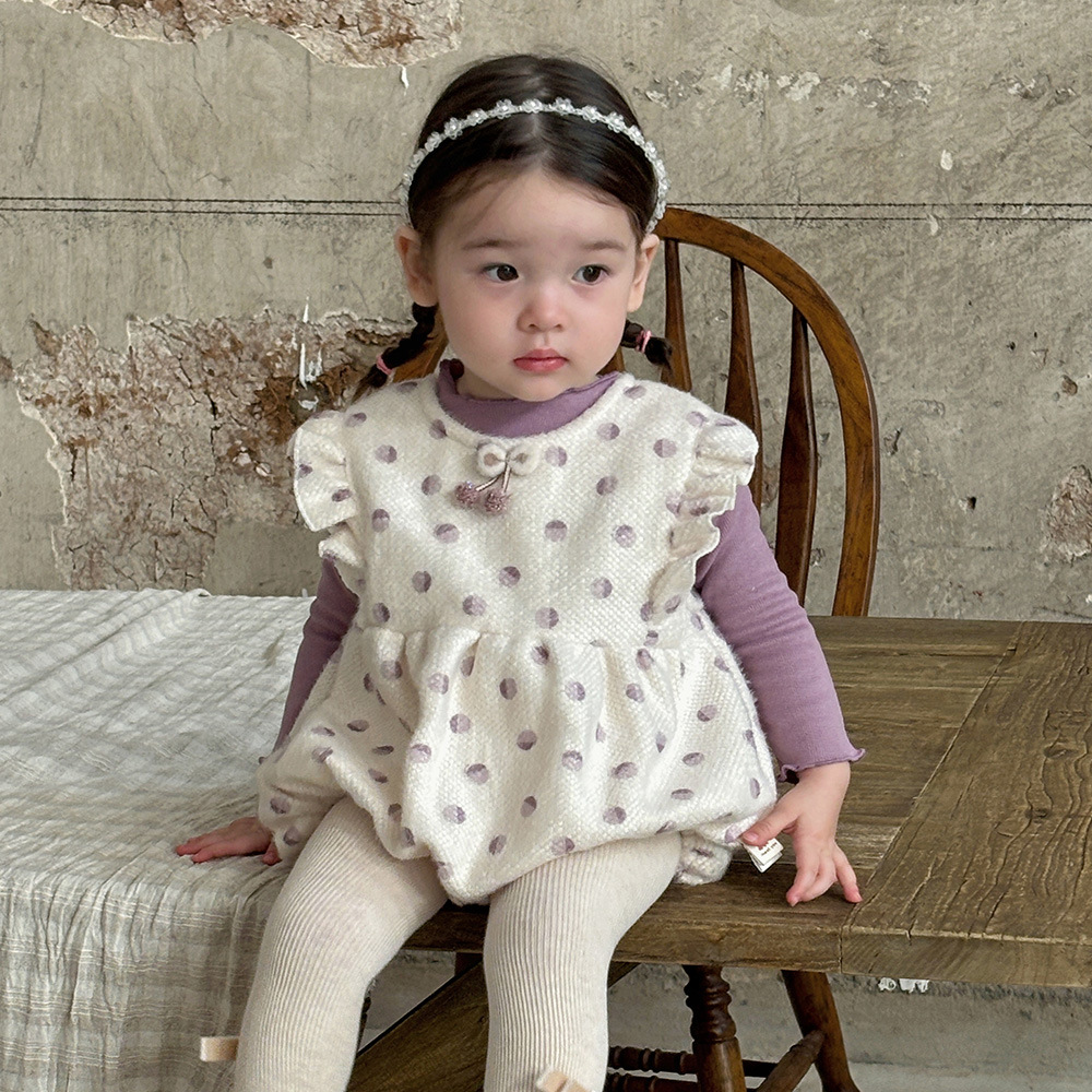Ropa de clase para recién nacido otoño e invierno camisa de fondo de color sólido de todo fósforo más chaqueta de pedo de lunares sin mangas de terciopelo traje de escalada para bebé 1