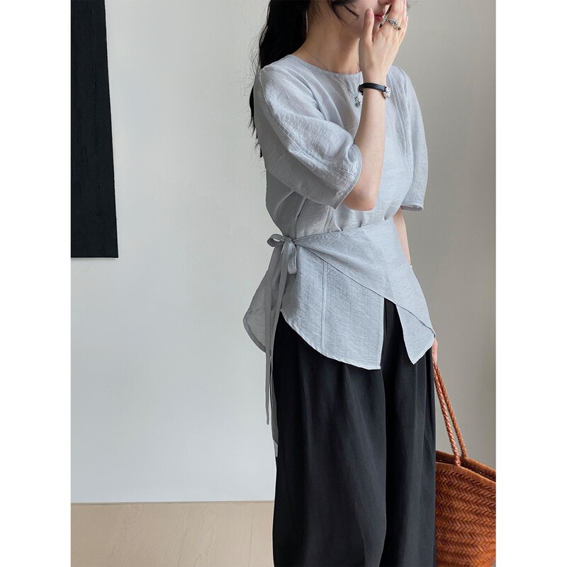 Korean-Style Tencel Linen Tie-Front Slit Shirt for Women, Gentle and Elegant Short-Sleeved Top