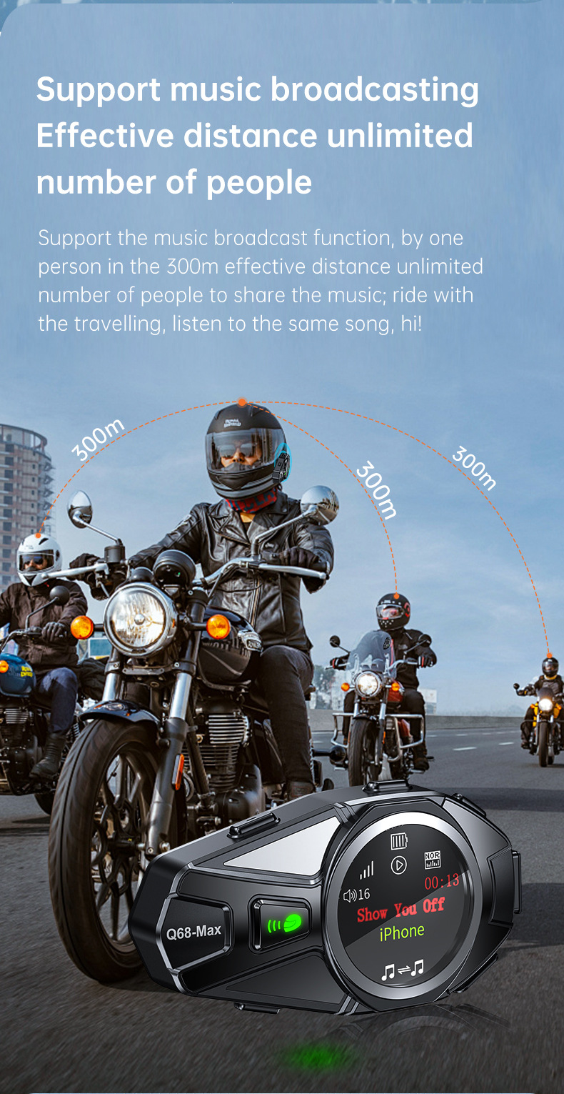 Q68Max Cross-Border Popular Helmet Bluetooth Headset with Mixed Sound Music Sharing, Full-Color Screen, Fm Intercom Helmet Headset