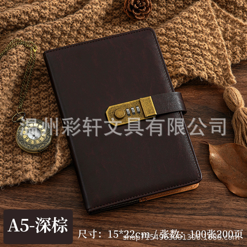 跨境A5复古密码日记本带锁加厚创意手账本学生日记本文具笔记本子|undefined