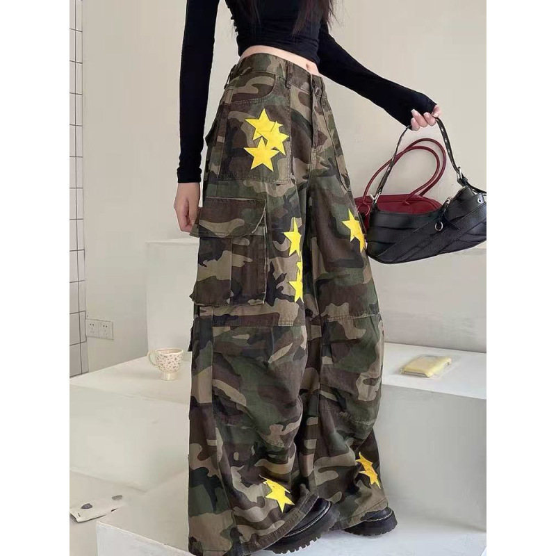 【新塘デニム全店在庫あり】アメリカンレトロワークウェアレディースルーズストレートワイドレッグスターカモフラージュジーンズ|undefined