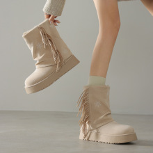 巨美~雪花摇曳流苏裤管雪地靴2025冬松糕厚底绒面加厚毛毛短靴女
