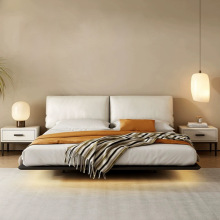 大象耳哚悬浮床现代简约主卧小户型白蜡木软包意式极简双人真皮床