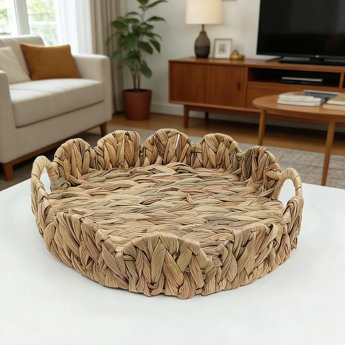 Linyi cuerda de paja pétalo bandeja redonda en forma de abanico con mango mesa de café de hierba de calabaza decoración plato de mesa de ratán de hierba de mar nuevo