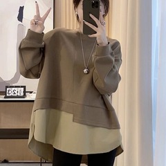 大码设计拼接假两件卫衣女秋季新款胖MM宽松显瘦中长款上衣300斤