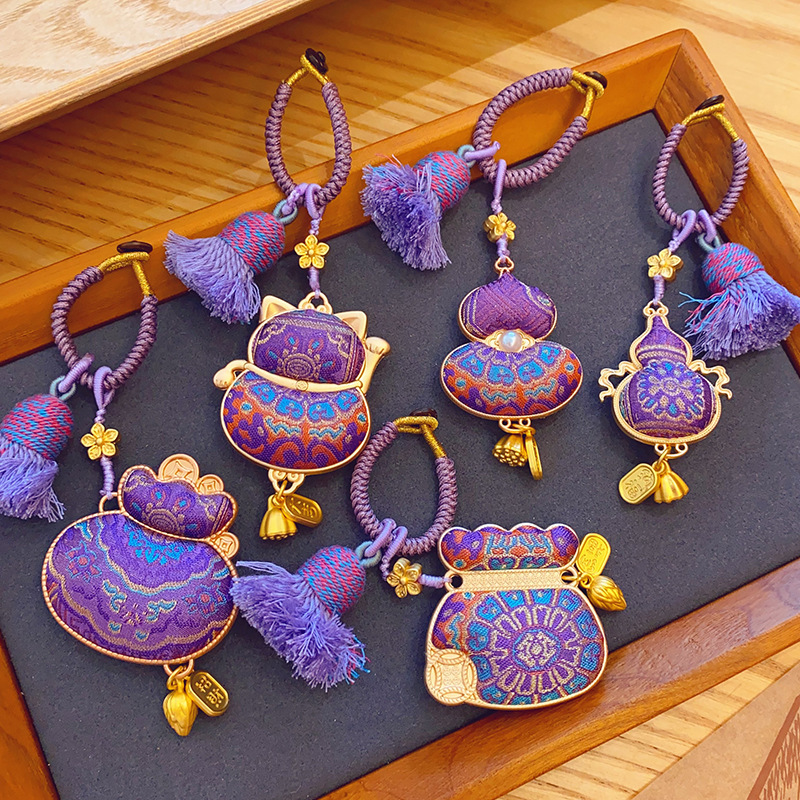 【成品】紫八达运名家非遗宋锦葫芦挂件/包挂/车挂双面招财猫吊坠|undefined