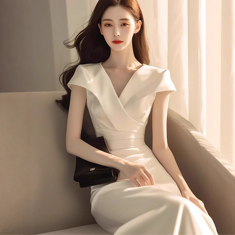 2969 French temperament socialite high-end exquisite goddess fan dignified atmosphere formal occasion white satin dress