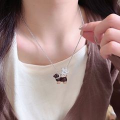 甜美可爱滴釉狗狗花朵珍珠吊坠项链女小众设计时尚轻奢气质锁骨链