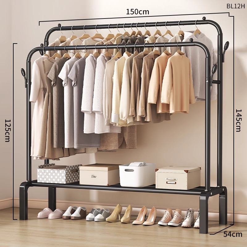 150cm 검정색 [이중봉 + 단층수납 + 옷걸이] 두꺼운 파이프 직경
