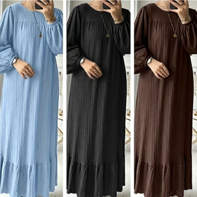 In-Stock Women's Long Robe, New Fashion for Spring and Autumn, Long-Sleeved Long Dress, Solid Color with Ruffled Hem Dress
