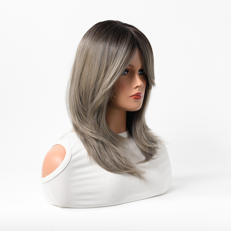 wigs, highlighted bangs, gradient color, medium length curly wigs for women, chemical fiber high temperature silk, full head_voghion.com