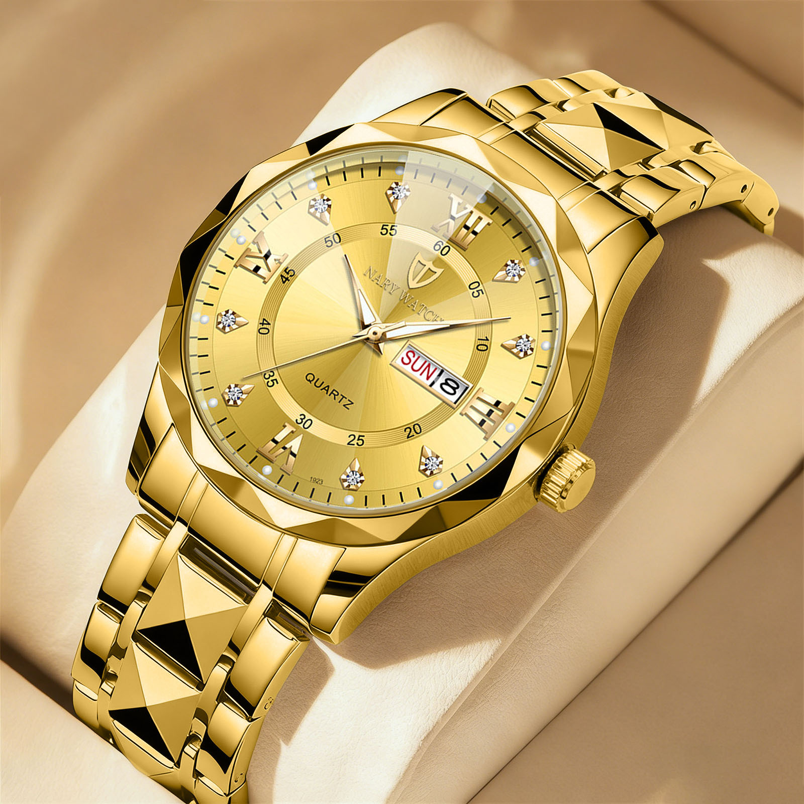 Naiui Genuine Couple Watch Waterproof Luminous Dual Calendar Watch Men's Diamond-Shaped Pointed Glass Quartz Watch 1923
