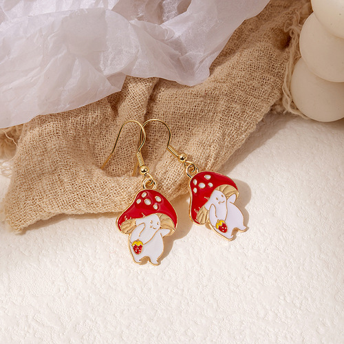 Fun cartoon asymmetrical oil drop earrings, national trend panda animal fruit earrings, cute mushroom leaf earrings