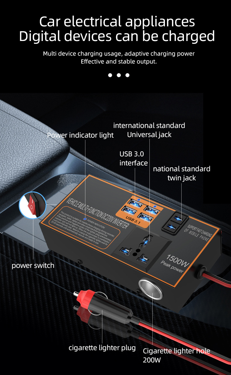 Car Inverter 12v24v to 220v High Power Universal Car Charger for Cars and Trucks