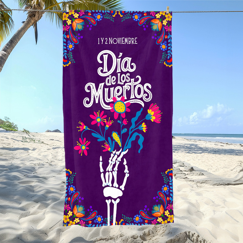 Temu Cross-Border Day of the Dead Flannel Quick-Drying Absorbent Bath Towel Mexican Day of the Dead Beach Towel