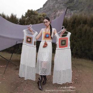 Vintage Mori Style Stitching Crochet Hollow Niche Design High-grade Sling dress Early Spring Chic Mid-length Dress