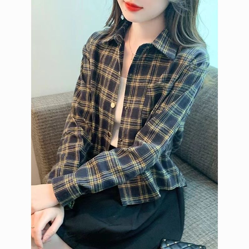 磨毛格子衬衫女款外套小个子春秋2025新款设计感小众复古短款衬衣|undefined